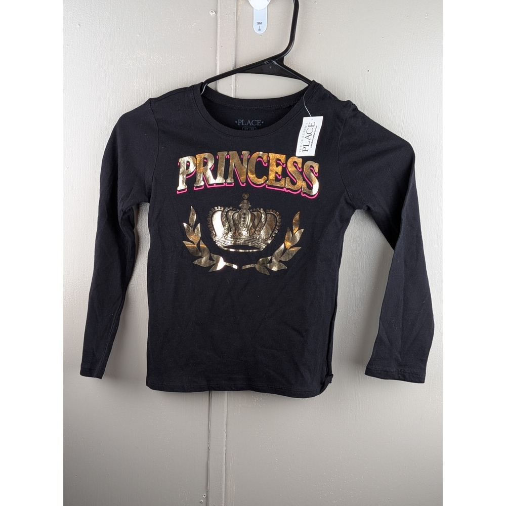 The Childrens Place Girls Black Princess Crown Gold Foil Long Sleeve Shirt S 5/6